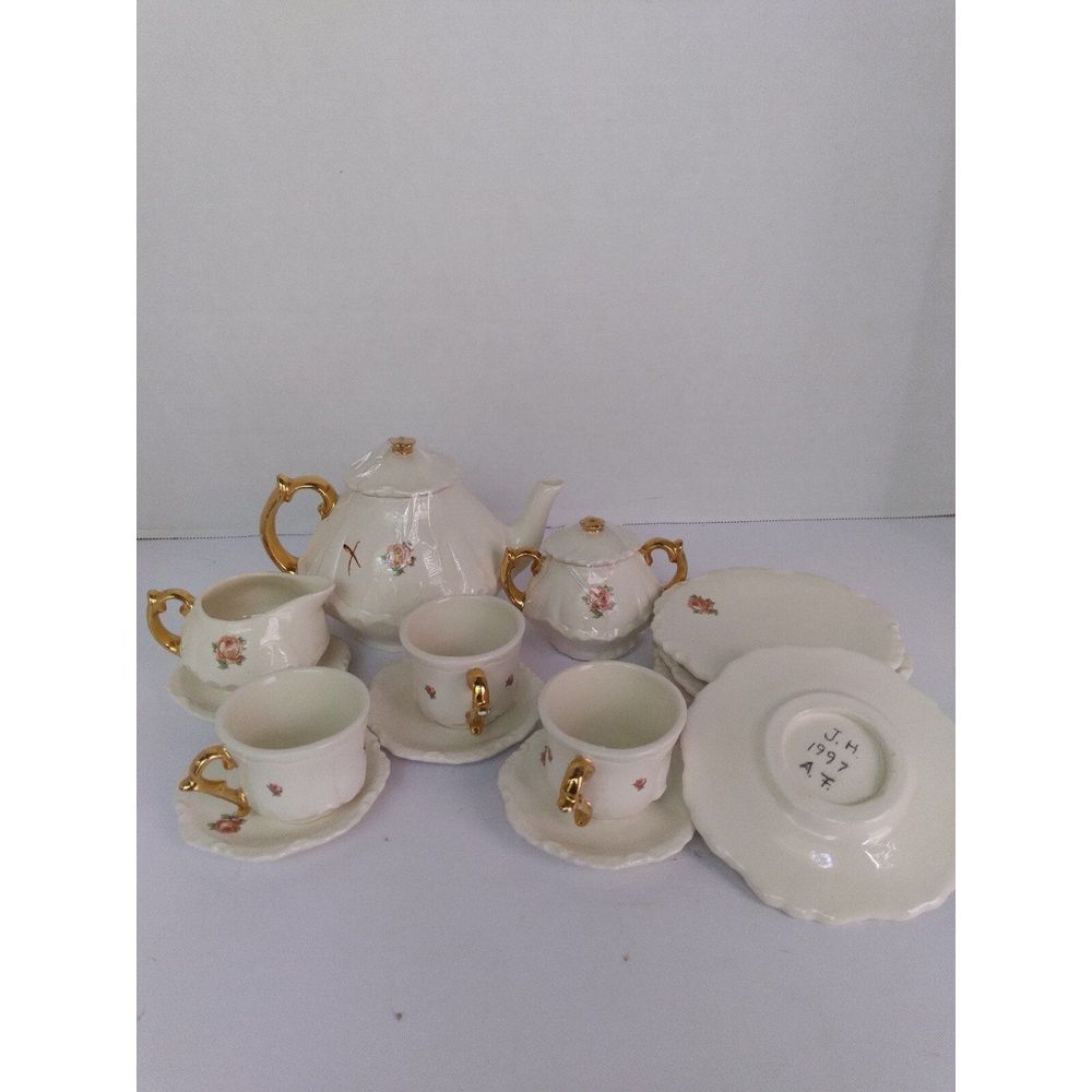 Vintage Porcelain Tea Set Gold Handle Floral Design White and Gold 11-Piece Set